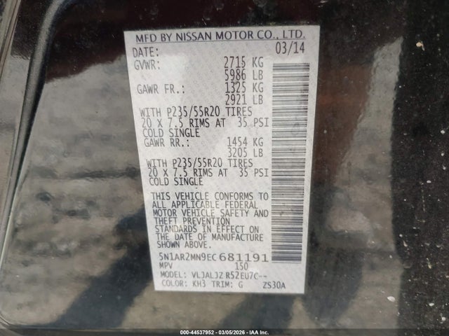 Nissan Pathfinder Platinum 2014 5N1AR2MN9EC681191 Image 9