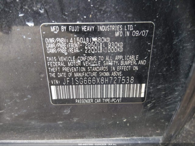 44537958 :رقم المزاد ، JF1SG666X8H727538 vin ، 2008 Subaru Forester Sports 2.5x مزاد بيع