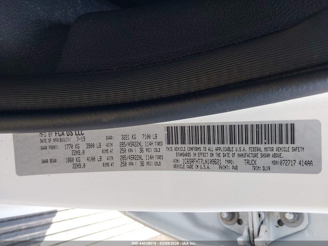 Продаж на аукціоні авто 2020 Ram 1500 Limited  4x4 5'7 Box, vin: 1C6SRFHT7LN109621, номер лоту: 44538018