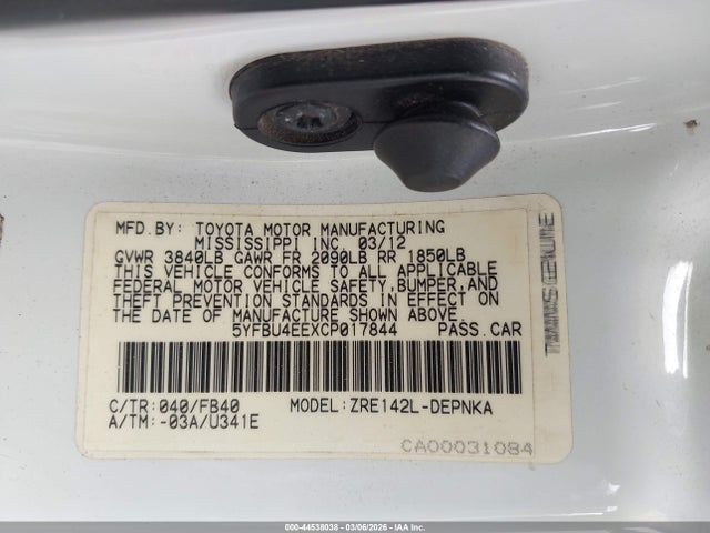 Aukcja sprzedaży 2012 Toyota Corolla Le, vin: 5YFBU4EEXCP017844, numer aukcji: 44538038