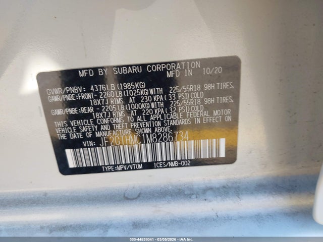 2021 Subaru Crosstrek Limited მანქანა იყიდება აუქციონზე, vin: JF2GTHMC1M8286734, აუქციონის ნომერი: 44538041