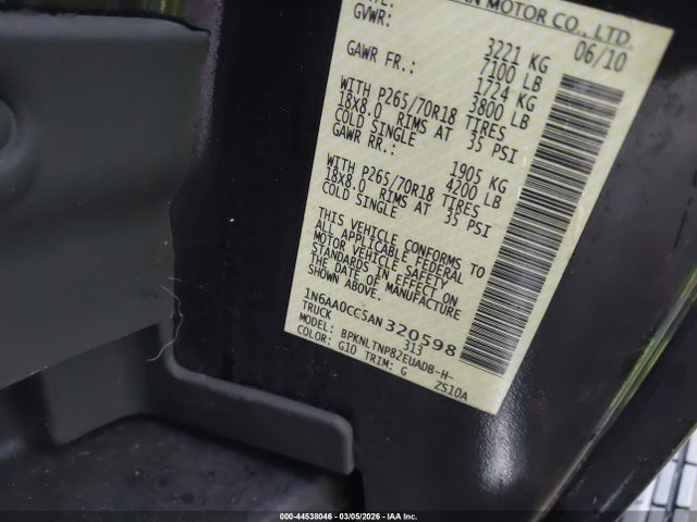 Продажа на аукционе авто 2010 Nissan Titan Se, vin: 1N6AA0CC5AN320598, номер лота: 44538046