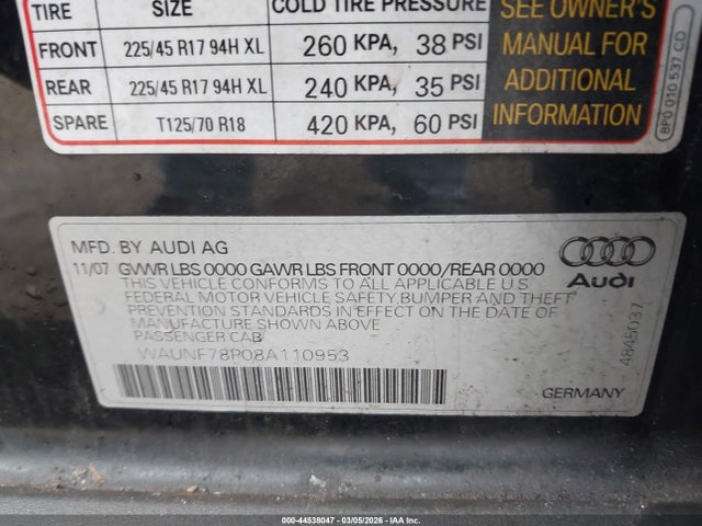 2008 AUDI A3 WAUNF78P08A110953 Photo 8