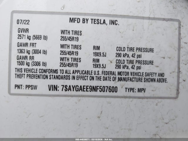 Продажа на аукционе авто 2022 Tesla Model Y Long Range Dual Motor All-wheel Drive, vin: 7SAYGAEE9NF507600, номер лота: 44538071