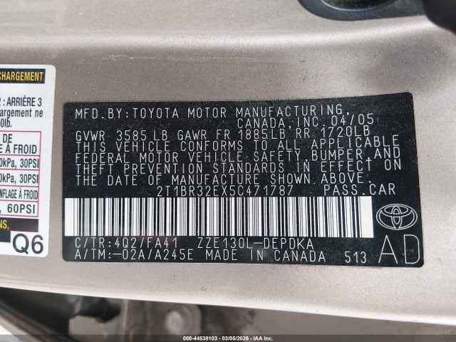 Aukcja sprzedaży 2005 Toyota Corolla Ce, vin: 2T1BR32EX5C471787, numer aukcji: 44538103