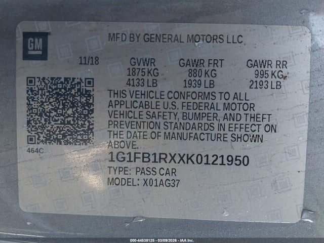 44538125 :رقم المزاد ، 1G1FB1RXXK0121950 vin ، 2019 Chevrolet Camaro 1lt مزاد بيع