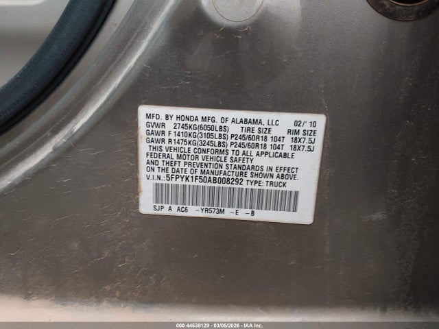 Продаж на аукціоні авто 2010 Honda Ridgeline Rtl, vin: 5FPYK1F50AB008292, номер лоту: 44538129