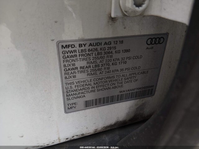44538144 :رقم المزاد ، WA1AHAF70KD025560 vin ، 2019 Audi Q7 45 Premium/45 Se Premium مزاد بيع