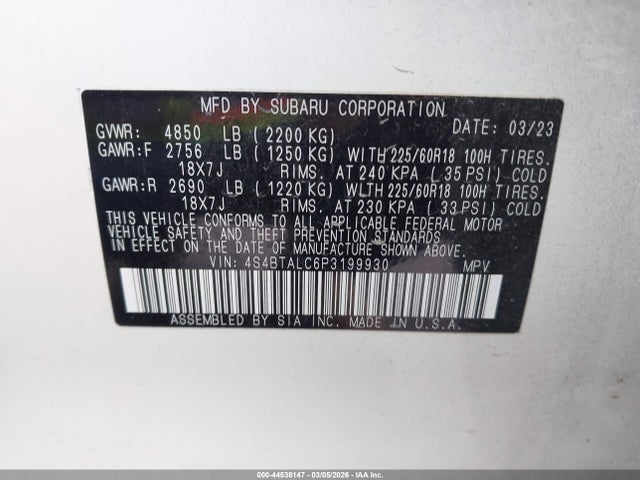 Aukcja sprzedaży 2023 Subaru Outback Onyx Edition, vin: 4S4BTALC6P3199930, numer aukcji: 44538147