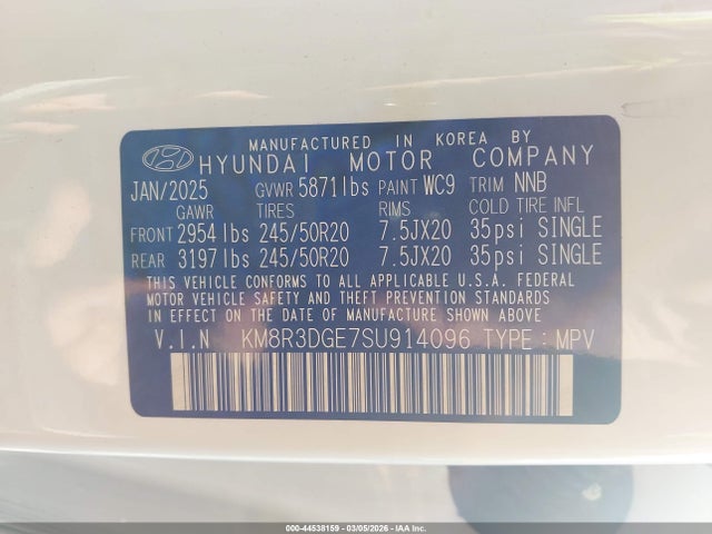 Aukcja sprzedaży 2025 Hyundai Palisade Xrt, vin: KM8R3DGE7SU914096, numer aukcji: 44538159