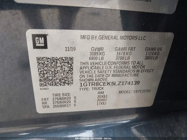 Продаж на аукціоні авто 2020 Gmc Sierra 1500 2wd  Standard Box Elevation, vin: 1GTR8CEK5LZ174139, номер лоту: 44538180