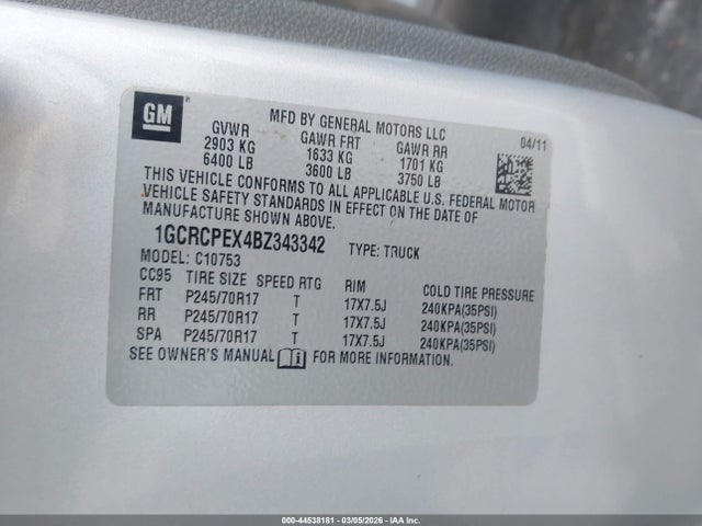 Продажа на аукционе авто 2011 Chevrolet Silverado 1500 Work Truck, vin: 1GCRCPEX4BZ343342, номер лота: 44538181
