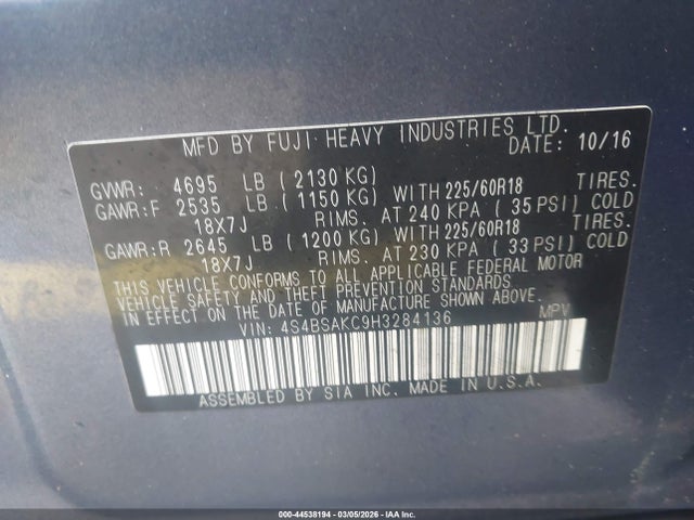 Auction sale of the 2017 Subaru Outback 2.5i Limited, vin: 4S4BSAKC9H3284136, lot number: 44538194
