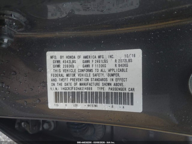 Продажа на аукционе авто 2017 Honda Accord Ex-l V6, vin: 1HGCR3F82HA014989, номер лота: 44538200