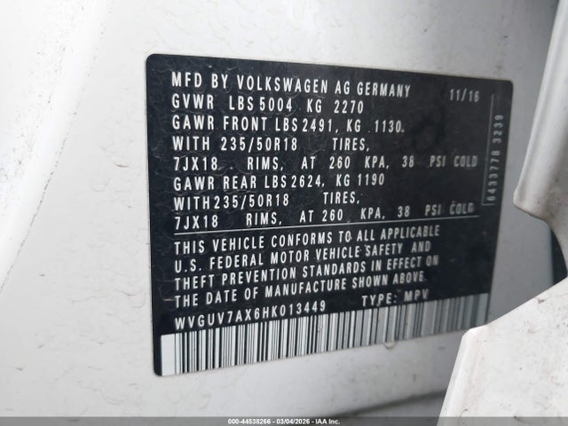 WVGUV7AX6HK013449 Volkswagen Tiguan 2.0t Sport