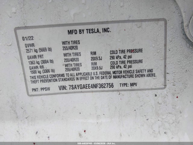 Продаж на аукціоні авто 2022 Tesla Model Y Long Range Dual Motor All-wheel Drive, vin: 7SAYGAEE4NF362756, номер лоту: 44538300