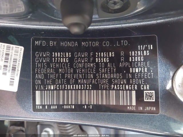 44538317 :رقم المزاد ، JHMFC1F38KX003732 vin ، 2019 Honda Civic Ex مزاد بيع