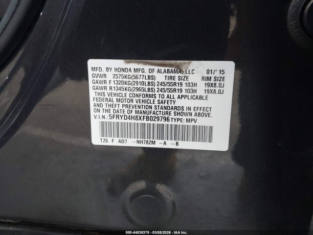 Продажа на аукционе авто 2015 Acura Mdx Advance Pkg W/entertainment Pkg, vin: 5FRYD4H8XFB029796, номер лота: 44538375
