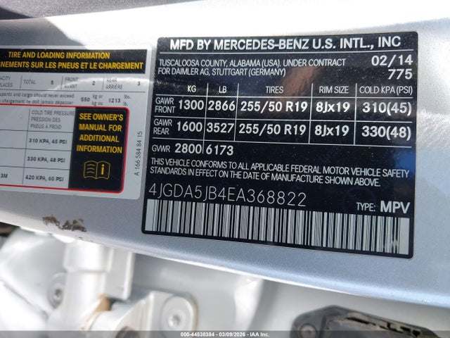 Продаж на аукціоні авто 2014 Mercedes-benz Ml 350, vin: 4JGDA5JB4EA368822, номер лоту: 44538384