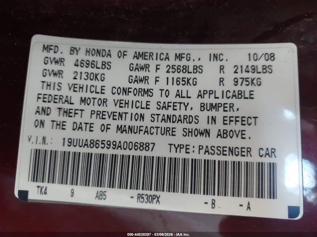 2009 Acura Tl 3.5 მანქანა იყიდება აუქციონზე, vin: 19UUA86599A006887, აუქციონის ნომერი: 44538397