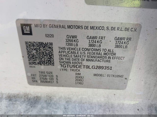 Продаж на аукціоні авто 2020 Gmc Sierra 1500 4wd  Short Box Slt, vin: 3GTU9DET0LG289351, номер лоту: 44538400