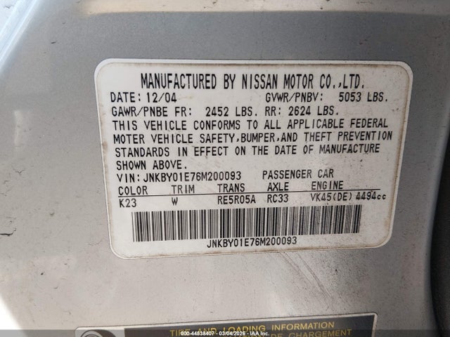 Aukcja sprzedaży 2006 Infiniti M45 Sport, vin: JNKBY01E76M200093, numer aukcji: 44538407