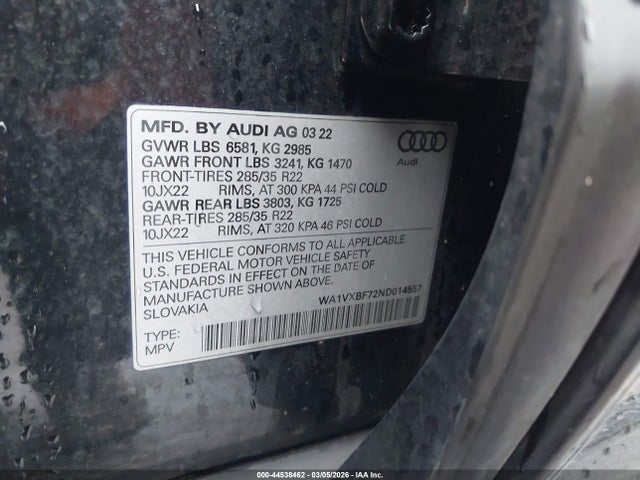 Продаж на аукціоні авто 2022 Audi Q7 Prestige 55 Tfsi Quattro Tiptronic, vin: WA1VXBF72ND014557, номер лоту: 44538462