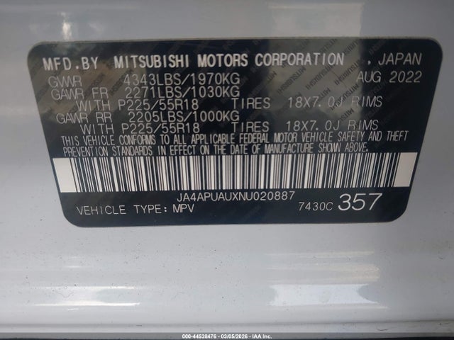 Aukcja sprzedaży 2022 Mitsubishi Outlander Sport 2.0 Be 2wd/2.0 Es 2wd/2.0 Le 2wd/2.0 S 2wd, vin: JA4APUAUXNU020887, numer aukcji: 44538476