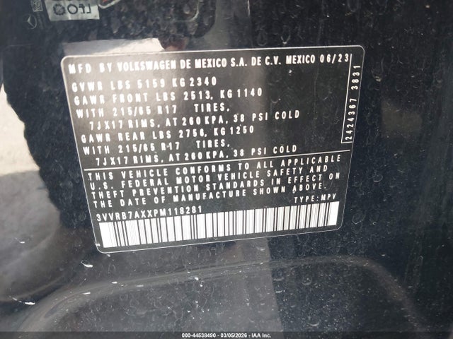 Продаж на аукціоні авто 2023 Volkswagen Tiguan 2.0t S, vin: 3VVRB7AXXPM118281, номер лоту: 44538490
