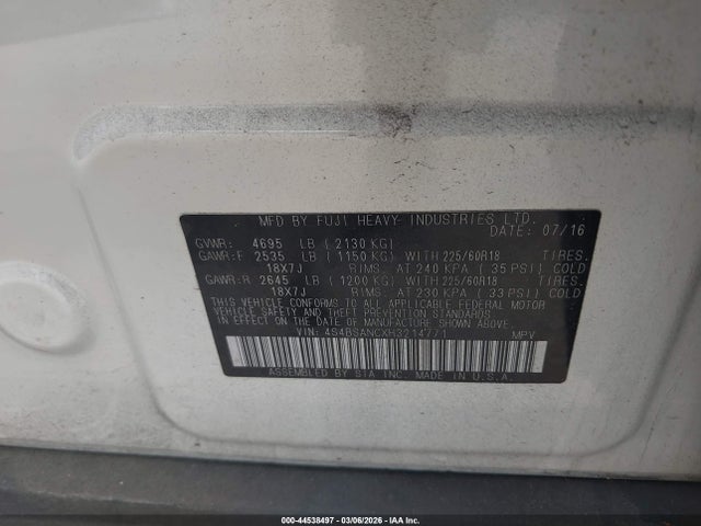 44538497 :رقم المزاد ، 4S4BSANCXH3214771 vin ، 2017 Subaru Outback 2.5i Limited مزاد بيع