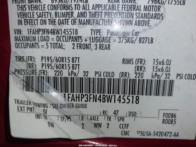 2011 FORD FOCUS 1FAHP3FN4BW145518 Photo 8