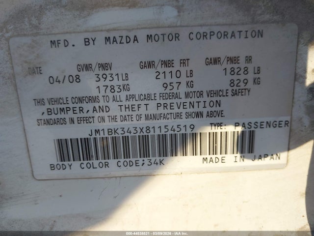 Aukcja sprzedaży 2008 Mazda Mazda3 S Sport, vin: JM1BK343X81154519, numer aukcji: 44538521