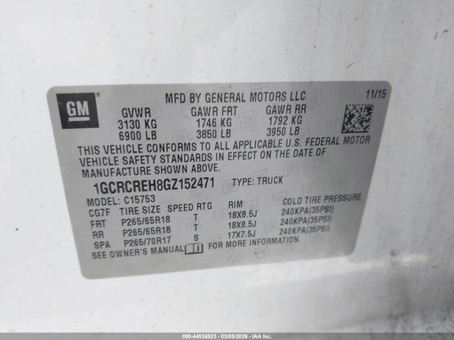 44538523 :رقم المزاد ، 1GCRCREH8GZ152471 vin ، 2016 Chevrolet Silverado 1500 1lt مزاد بيع