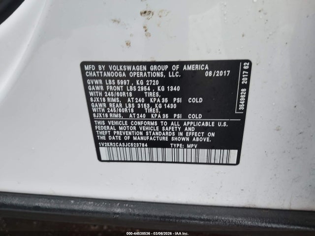 Продажа на аукционе авто 2018 Volkswagen Atlas 3.6l V6 Se, vin: 1V2KR2CA3JC523784, номер лота: 44538536