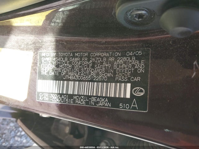 44538554 :رقم المزاد ، JTHBA30G655122570 vin ، 2005 Lexus Es 330 مزاد بيع