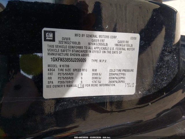 44538558 :رقم المزاد ، 1GKFK63858J209009 vin ، 2008 Gmc Yukon Denali مزاد بيع