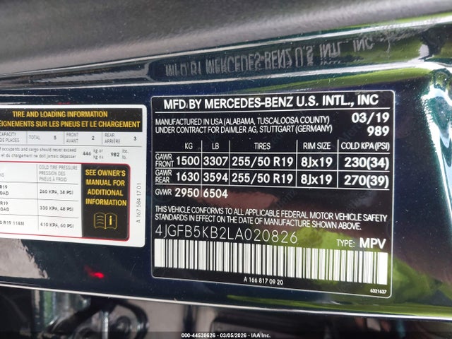 44538626 :رقم المزاد ، 4JGFB5KB2LA020826 vin ، 2020 Mercedes-benz Gle 450 4matic مزاد بيع