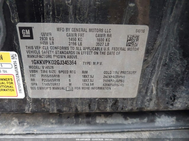 Aukcja sprzedaży 2016 Gmc Acadia Sle-2, vin: 1GKKVPKD2GJ345364, numer aukcji: 44538629