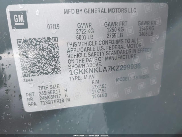 44538631 :رقم المزاد ، 1GKKNKLA7KZ299936 vin ، 2019 Gmc Acadia Sle-1 مزاد بيع