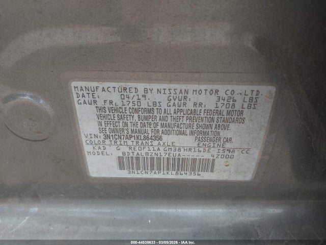 Aukcja sprzedaży 2019 Nissan Versa 1.6 Sv, vin: 3N1CN7AP1KL864356, numer aukcji: 44538633
