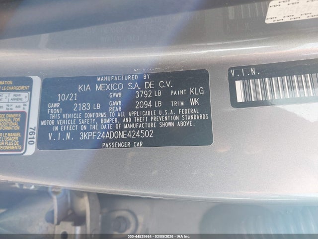 44538664 :رقم المزاد ، 3KPF24AD0NE424502 vin ، 2022 Kia Forte Lxs مزاد بيع