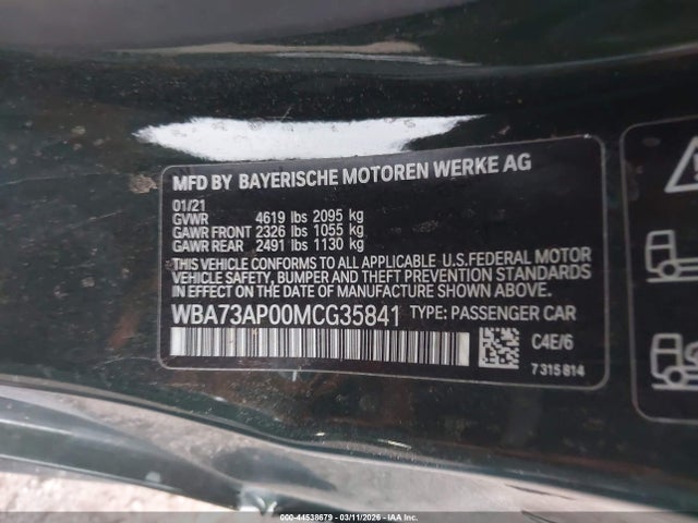 2021 Bmw 430i Xdrive მანქანა იყიდება აუქციონზე, vin: WBA73AP00MCG35841, აუქციონის ნომერი: 44538679