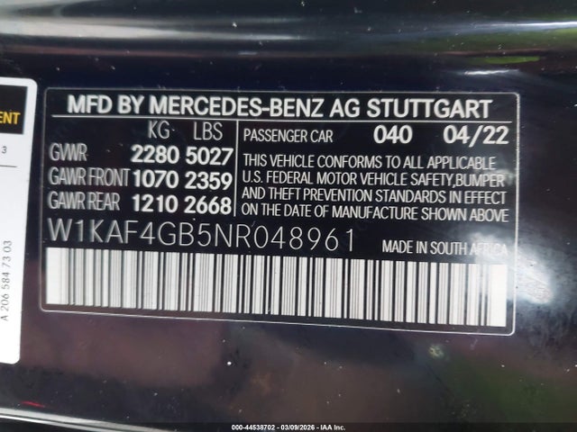Продажа на аукционе авто 2022 Mercedes-benz C 300 Sedan, vin: W1KAF4GB5NR048961, номер лота: 44538702