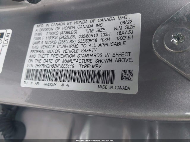 Honda Cr-v Awd Ex-l 2022 2HKRW2H82NH665116 Image 9