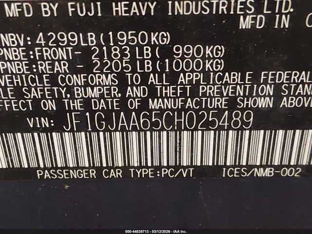 44538713 :رقم المزاد ، JF1GJAA65CH025489 vin ، 2012 Subaru Impreza 2.0i مزاد بيع