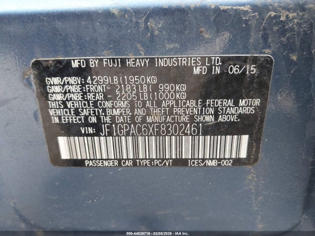 Aukcja sprzedaży 2015 Subaru Impreza 2.0i Premium, vin: JF1GPAC6XF8302461, numer aukcji: 44538716