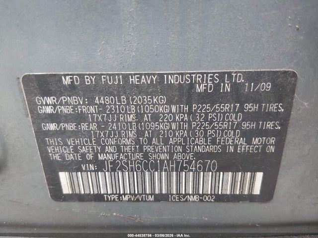 Aukcja sprzedaży 2010 Subaru Forester 2.5x Premium, vin: JF2SH6CC1AH754670, numer aukcji: 44538756