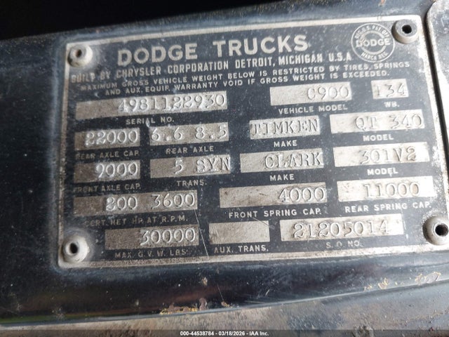 Продаж на аукціоні авто 1961 Dodge Vehicle, vin: 4981122930, номер лоту: 44538784