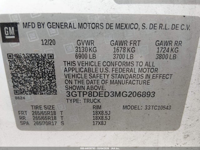 Продажа на аукционе авто 2021 Gmc Sierra 1500 2wd  Short Box Slt, vin: 3GTP8DED3MG206893, номер лота: 44538793