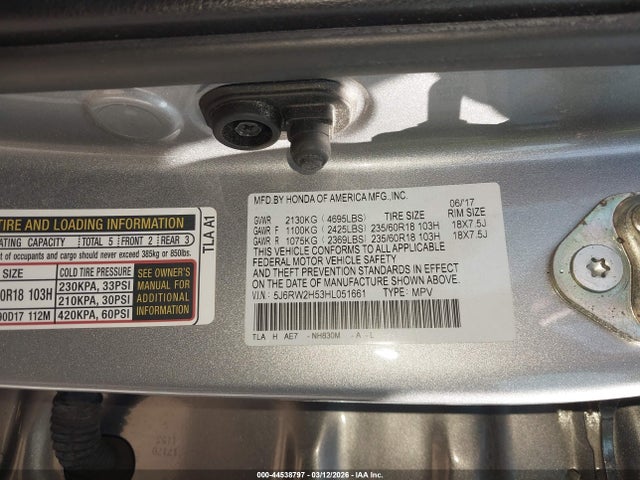Aukcja sprzedaży 2017 Honda Cr-v Ex, vin: 5J6RW2H53HL051661, numer aukcji: 44538797